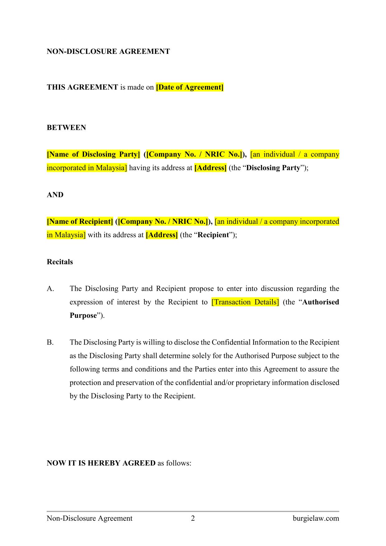 Non Disclosure Agreement NDA Template BurgieLaw