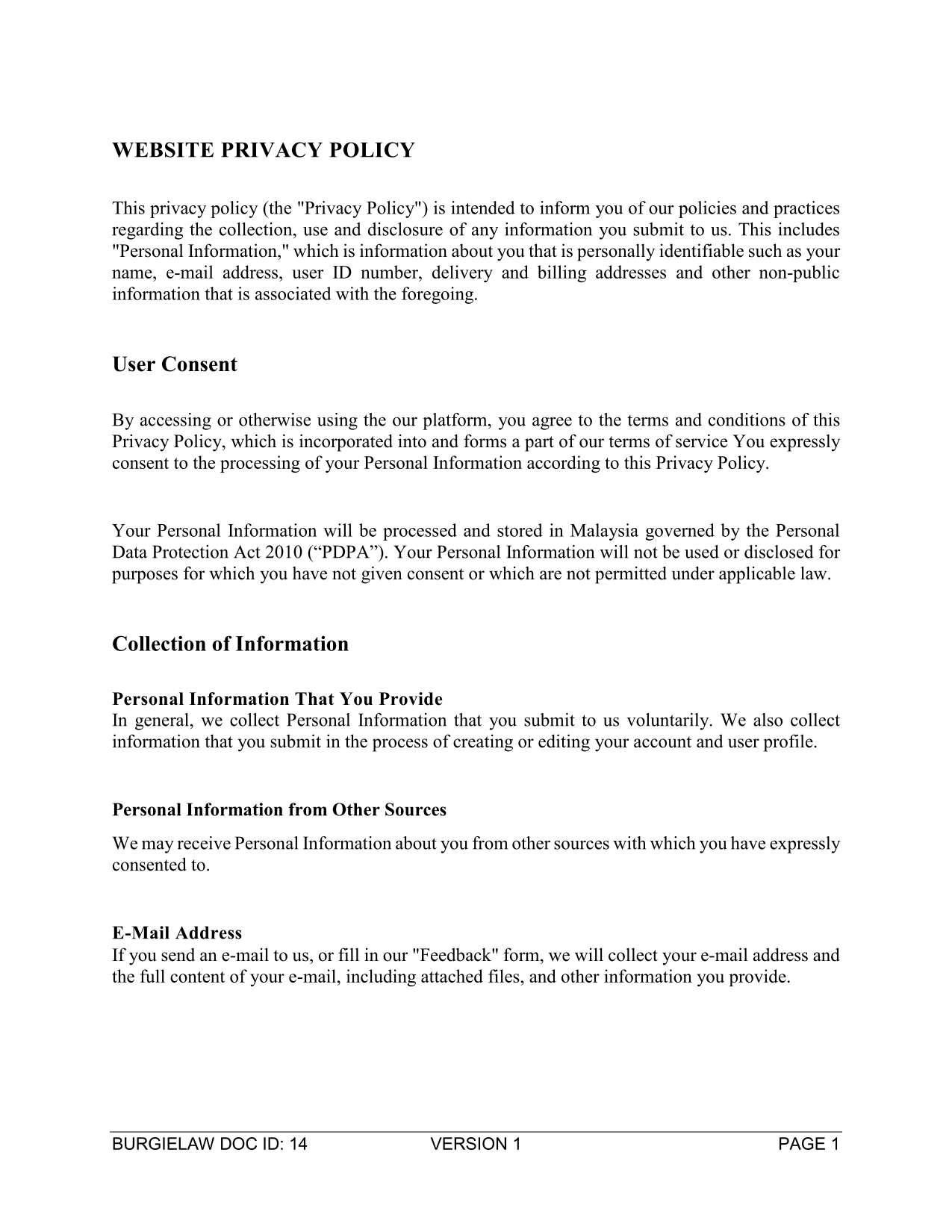Website Privacy Policy Template BurgieLaw