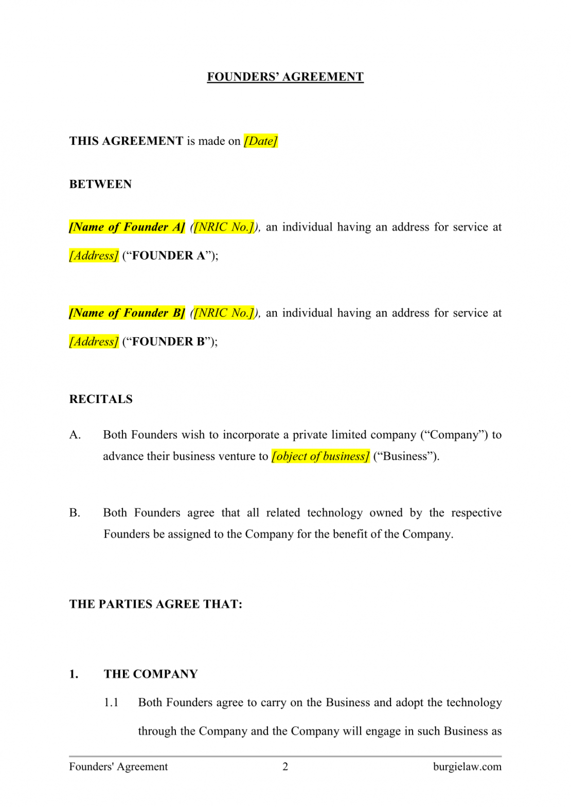 Startup Founders Agreement Template