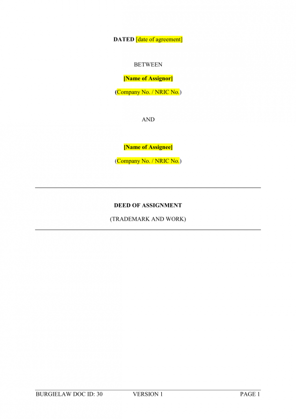 Deed of Assignment for Trademark Template - BurgieLaw