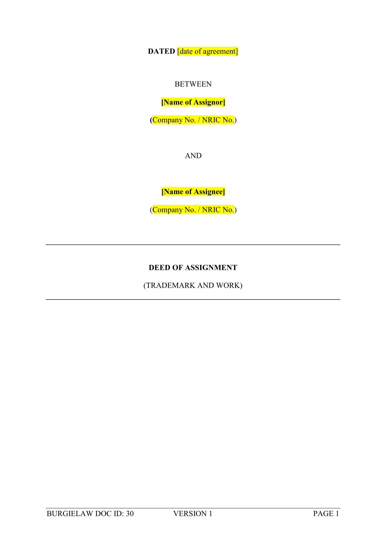 Deed of Assignment for Trademark Template - BurgieLaw Throughout trademark assignment agreement template
