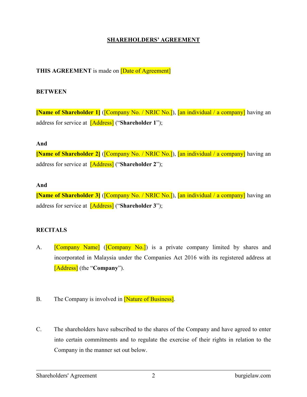 shareholder agreement template word