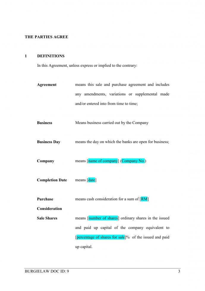 Sale of Shares Agreement Template BurgieLaw Sale of Shares Agreement Template BurgieLaw